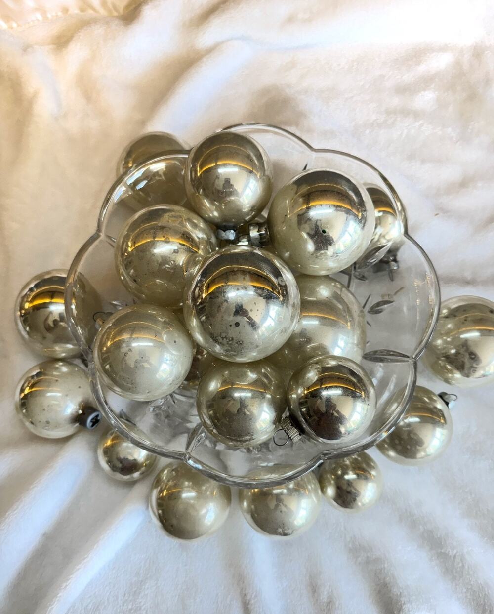 Vintage Silver Christmas Ornament Lot of 21 Mixed Sizes Aged Patina Retro Decor